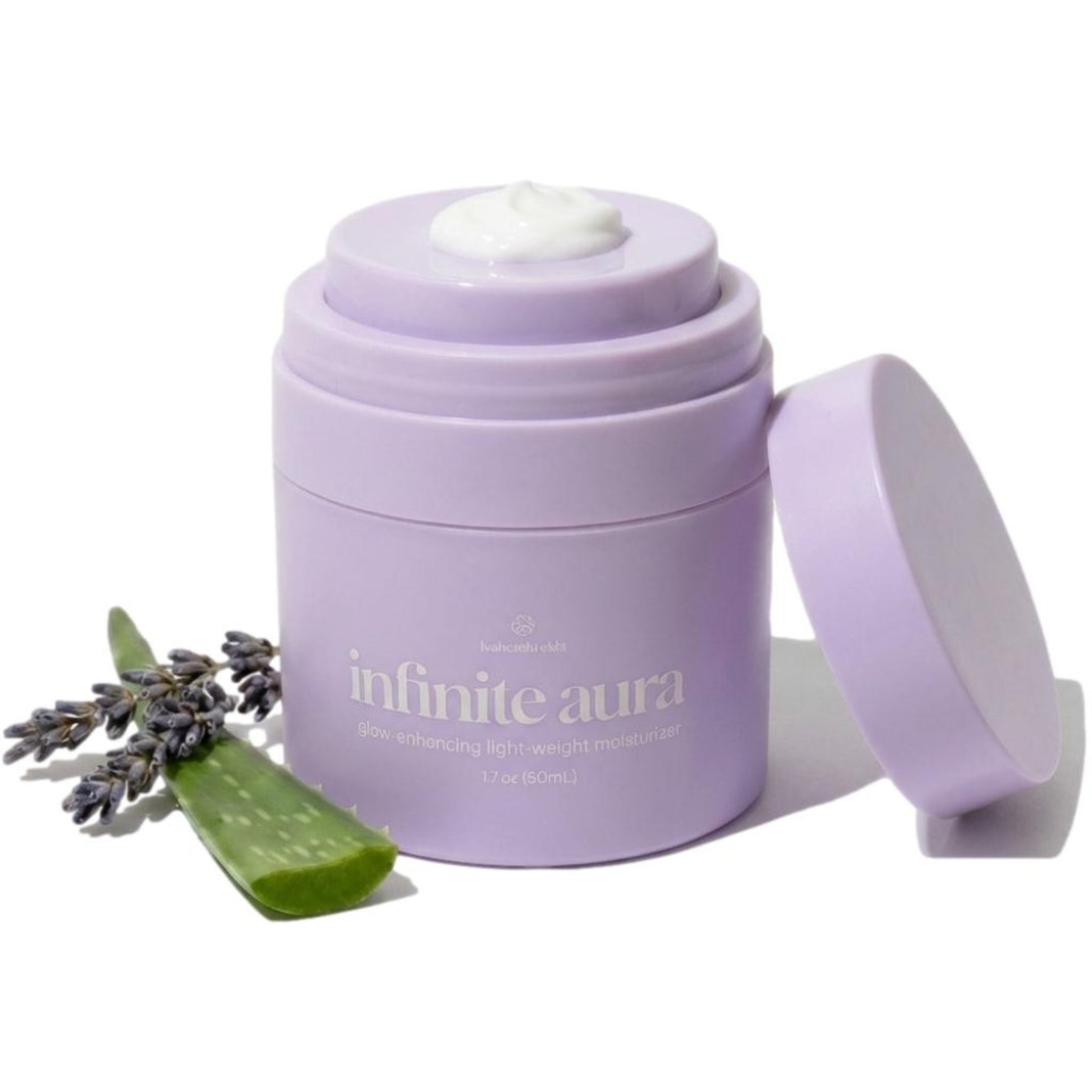 Infinite Aura Moisturizer airless pump with cream on its top plate, aloe and lavender