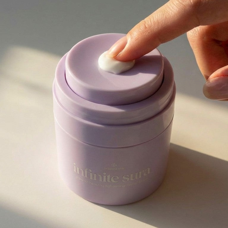 A fingertip on Infinite Aura cream on the top plate, in sunlight