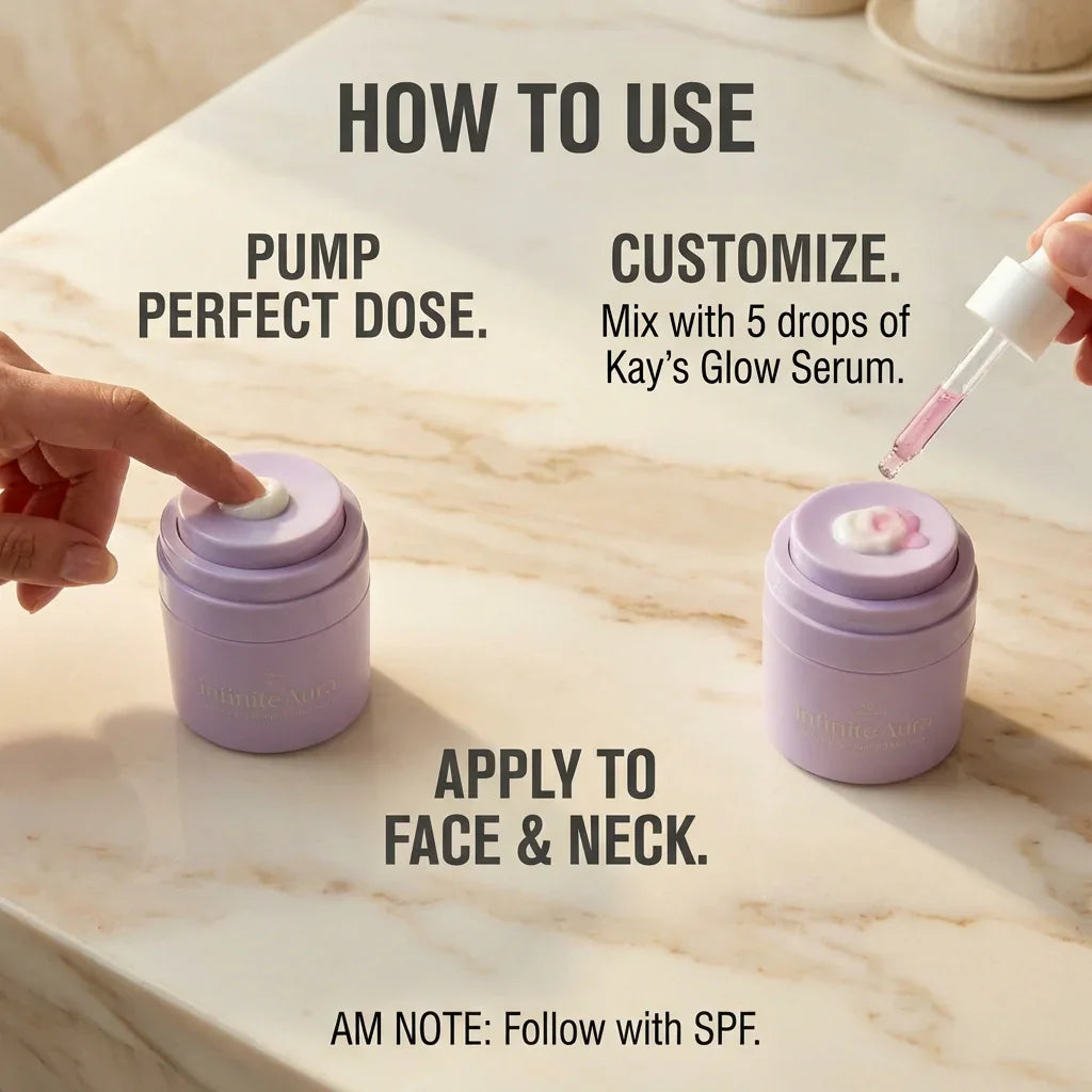 Bohemia Skin Infinite Aura face cream with serum, instructions for skincare routine shown on marble counter