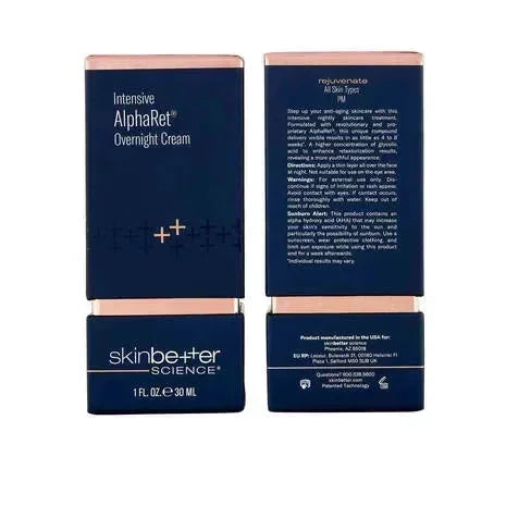 skinbetter Intensive AlphaRet Overnight Cream outer box packaging, front and back panels shown side by side.