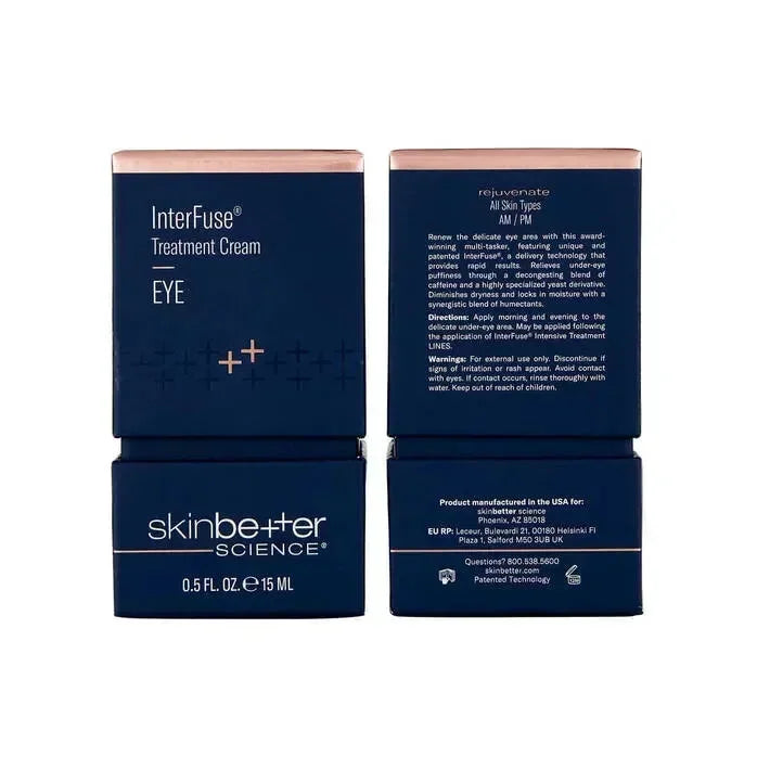 skinbetter InterFuse Treatment Cream Eye outer box packaging, front and back panels shown side by side on white.