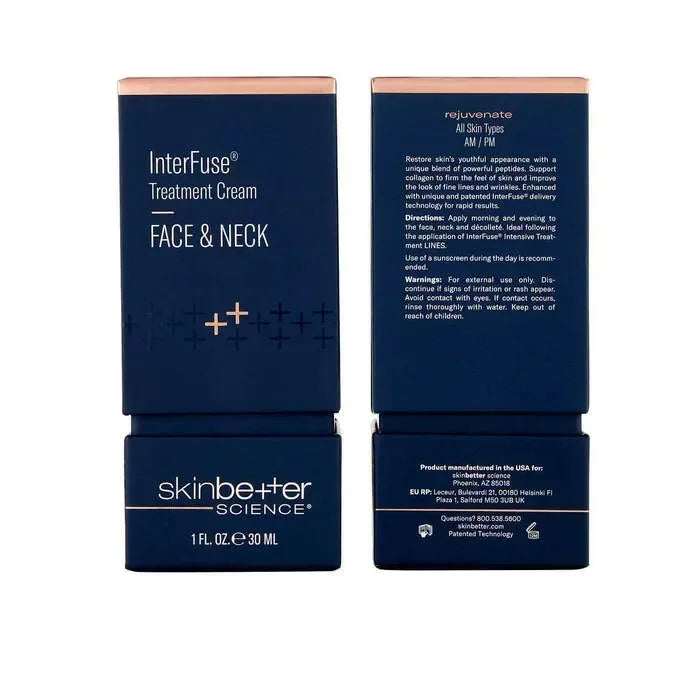 skinbetter InterFuse Treatment Cream Face and Neck outer box packaging, front and back panels shown side by side.