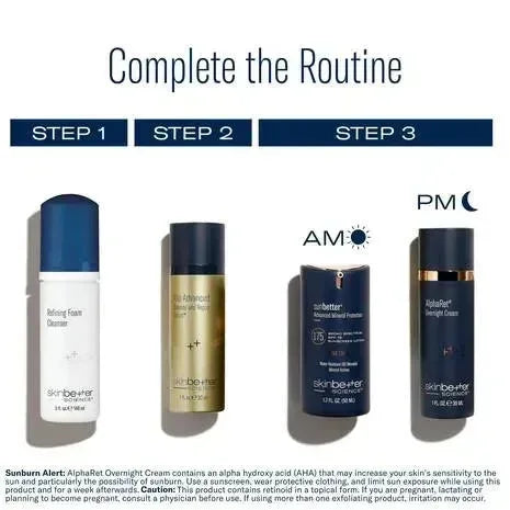 skinbetter Complete the Routine graphic showing Refining Foam Cleanser, Alto Advanced Serum, sunbetter, and AlphaRet Cream.