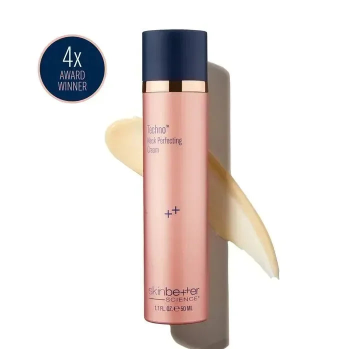 skinbetter Techno Neck Perfecting Cream rose-gold bottle with a navy cap beside a smeared cream texture swatch.