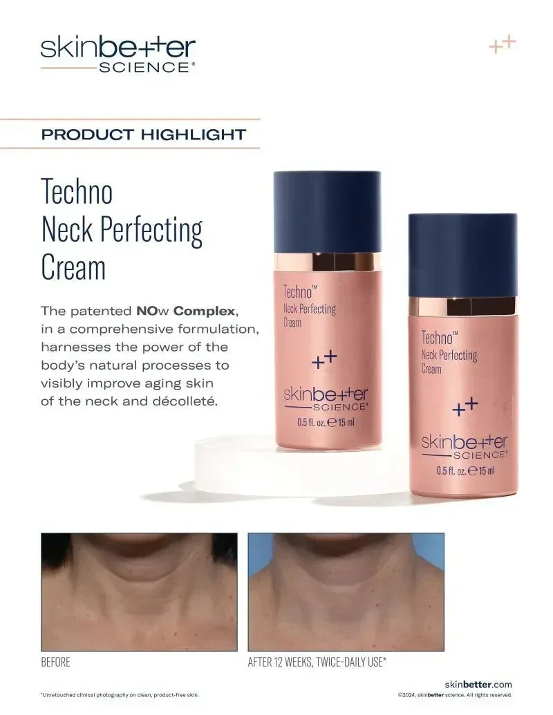 skinbetter Techno Neck Perfecting Cream graphic: two bottle sizes above neck before-and-after photos labelled 12 weeks.