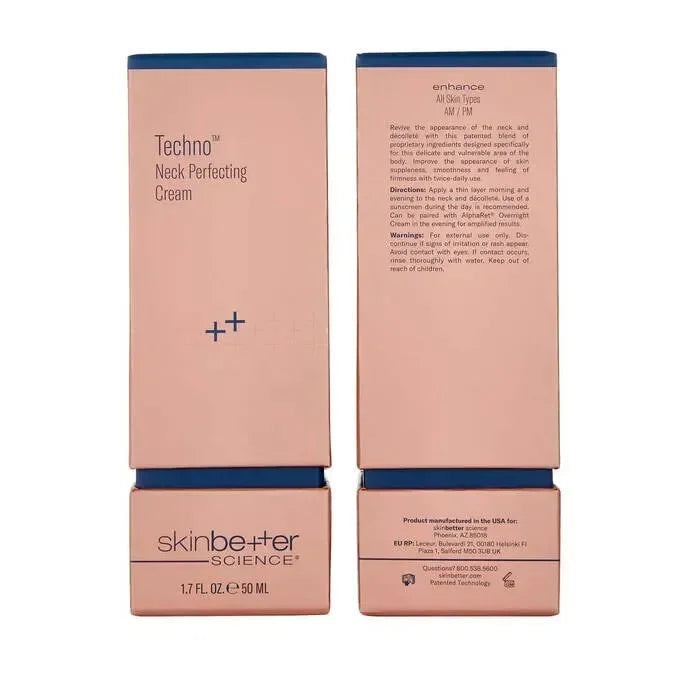 skinbetter Techno Neck Perfecting Cream outer box packaging, front and back panels shown side by side on white.