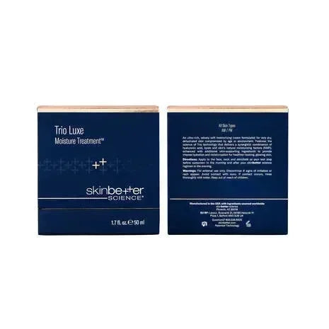 skinbetter Trio Luxe Moisture Treatment outer box packaging, front and back panels shown side by side on white.