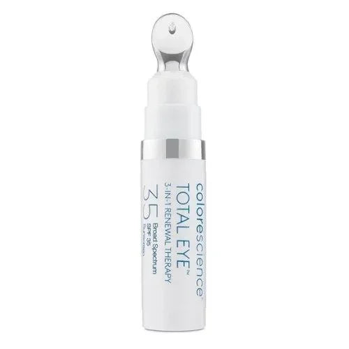 Colorescience Total Eye 3-in-1 Renewal Therapy SPF 35 tube with a roller applicator, standing on white.